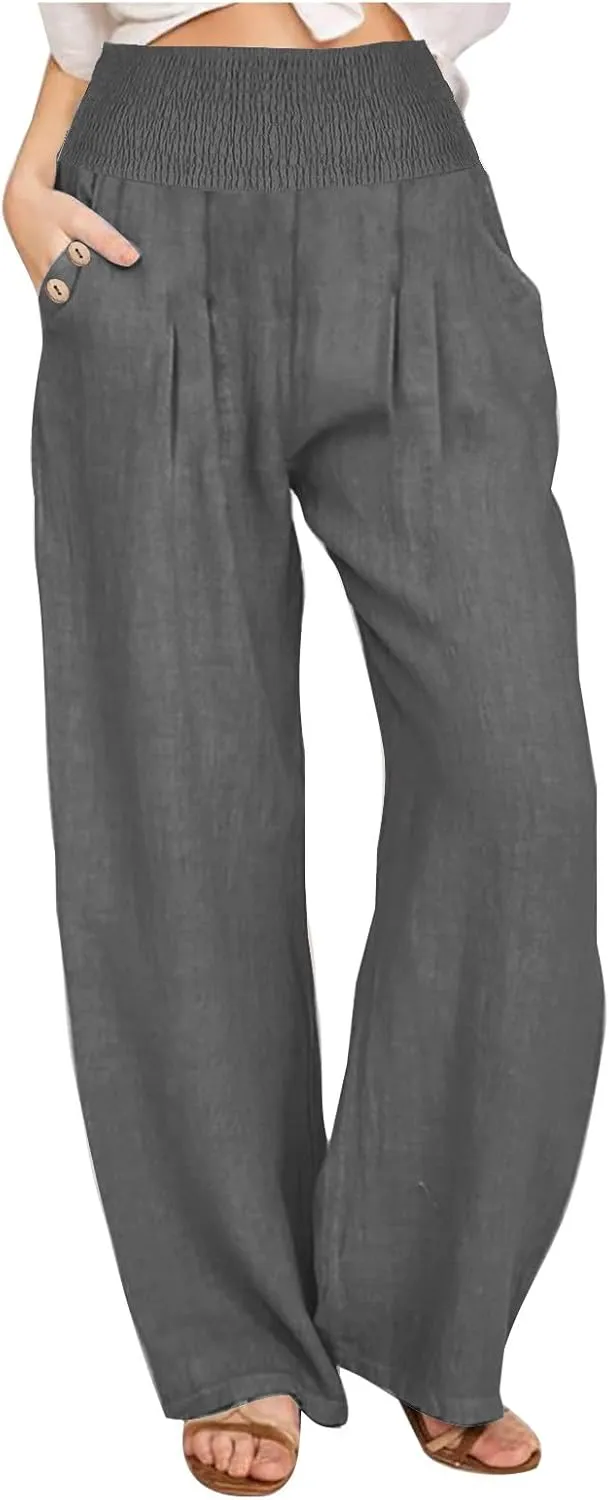 Women's Linen Summer Pants Loose Wide Leg Pants Elastic High Waist Pants Fashion Solid Color Trousers with Pockets