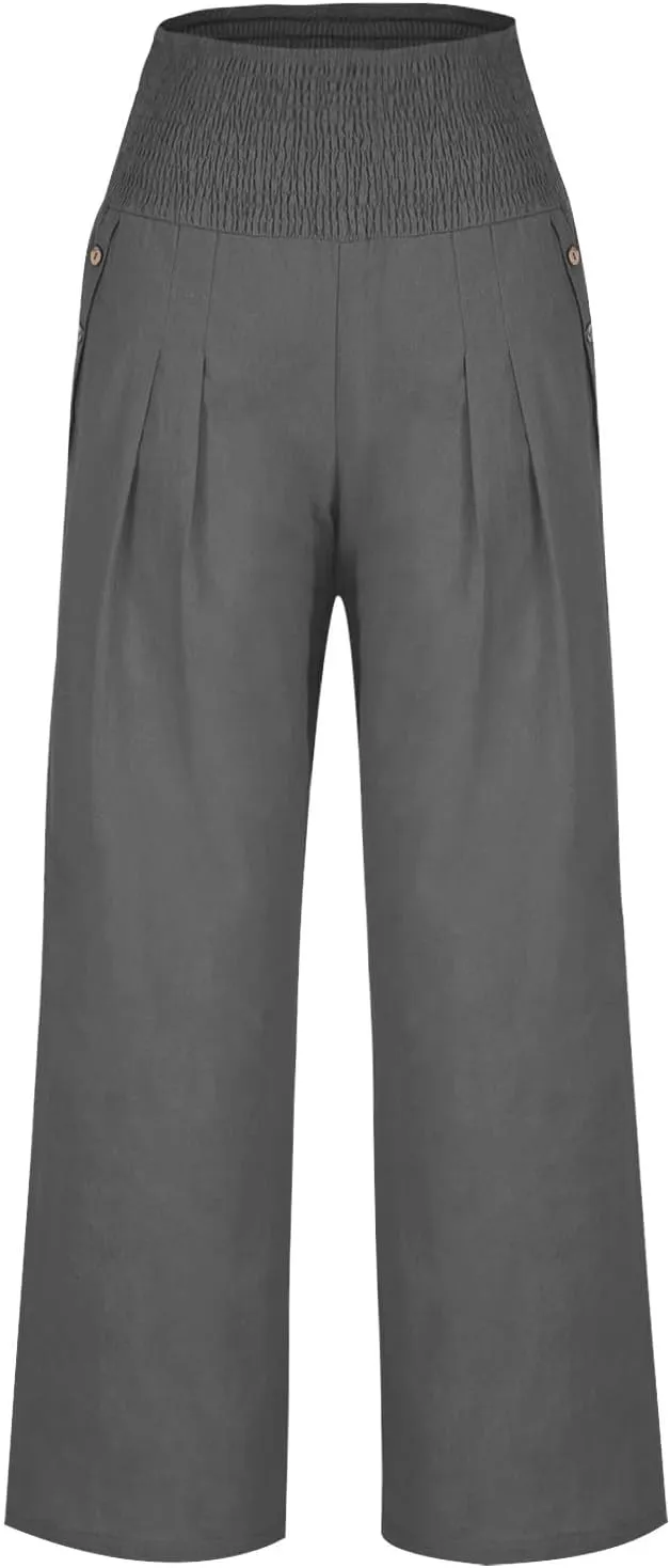 Women's Linen Summer Pants Loose Wide Leg Pants Elastic High Waist Pants Fashion Solid Color Trousers with Pockets