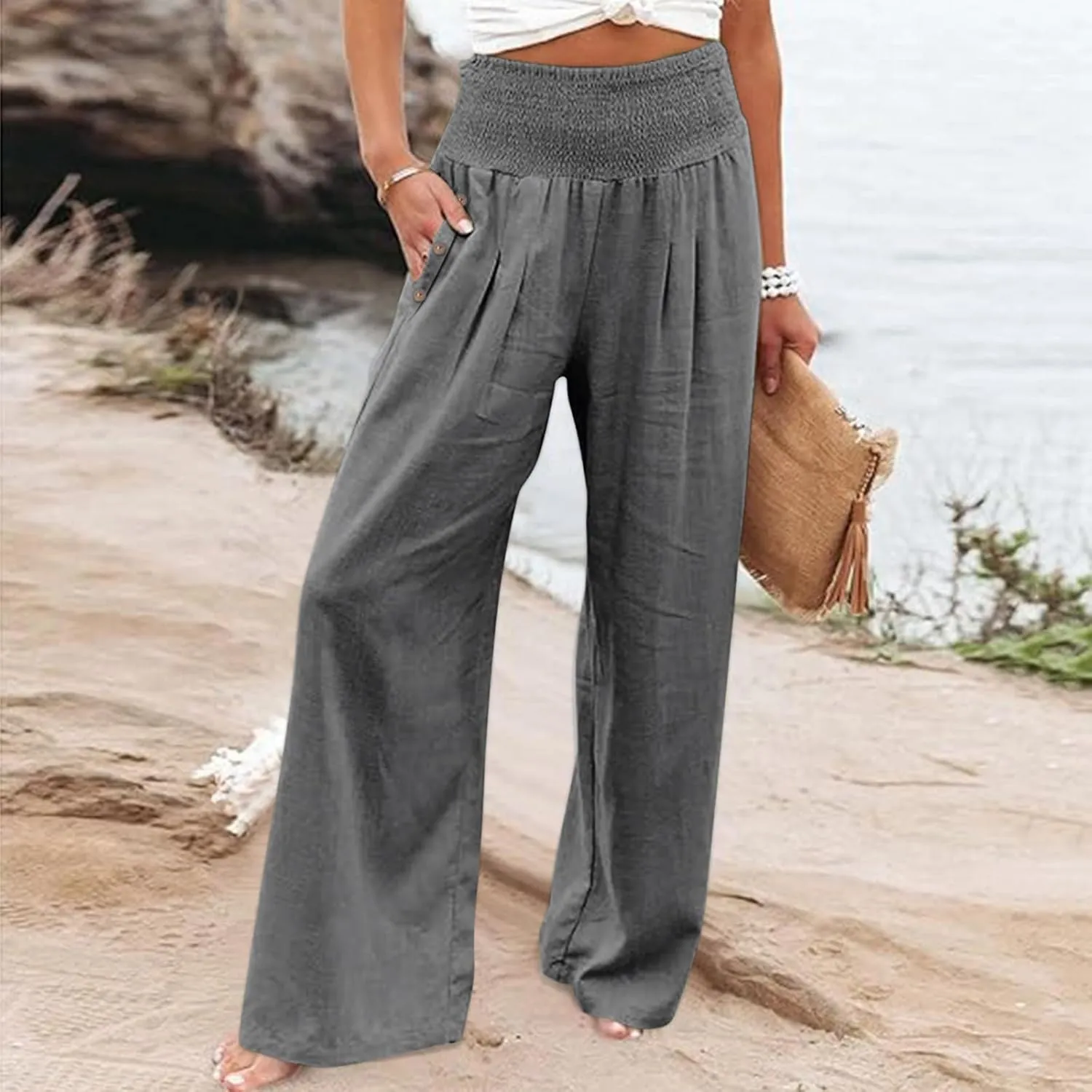 Women's Linen Summer Pants Loose Wide Leg Pants Elastic High Waist Pants Fashion Solid Color Trousers with Pockets
