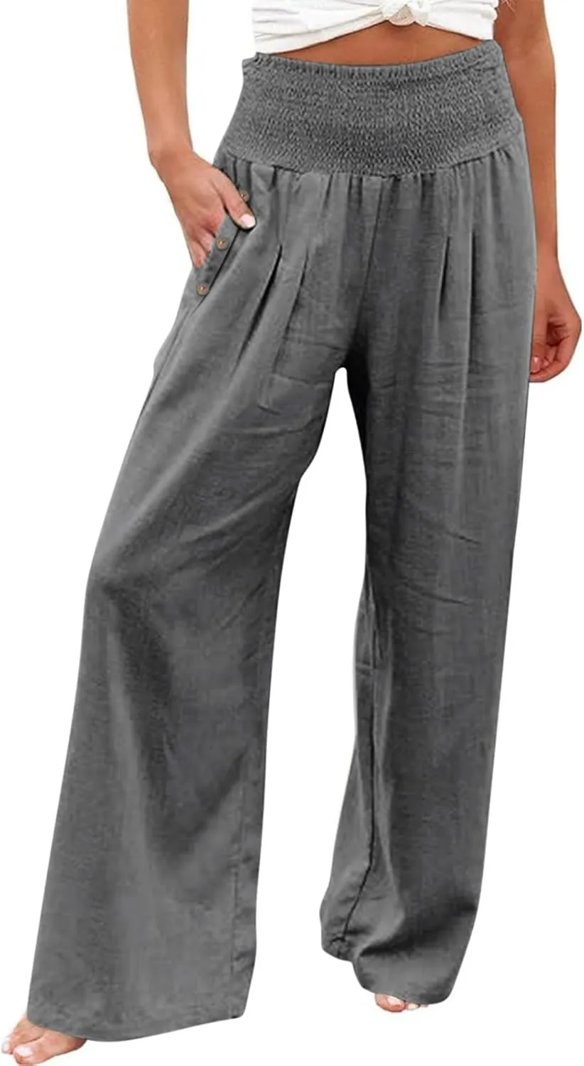 Women's Linen Summer Pants Loose Wide Leg Pants Elastic High Waist Pants Fashion Solid Color Trousers with Pockets