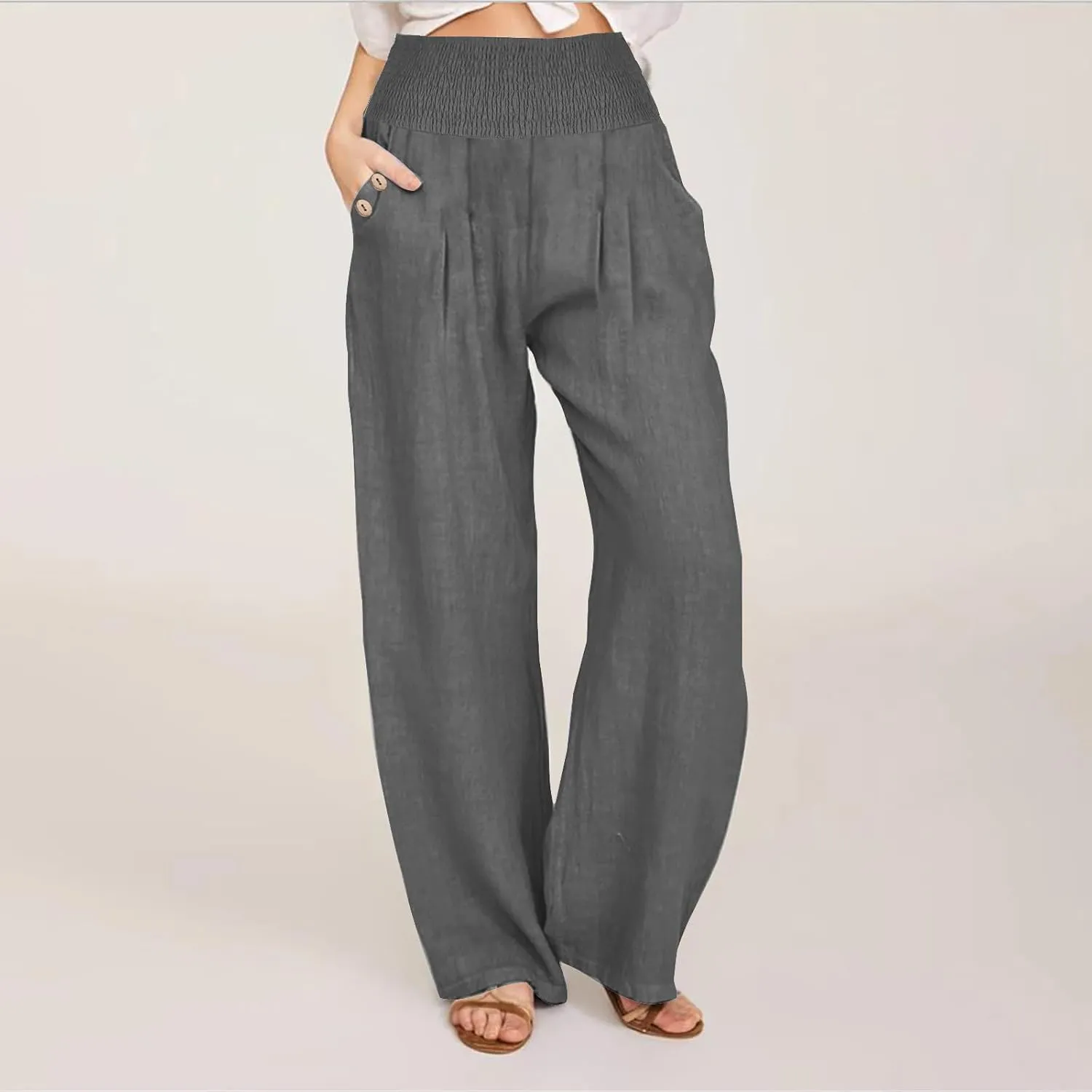Women's Linen Summer Pants Loose Wide Leg Pants Elastic High Waist Pants Fashion Solid Color Trousers with Pockets