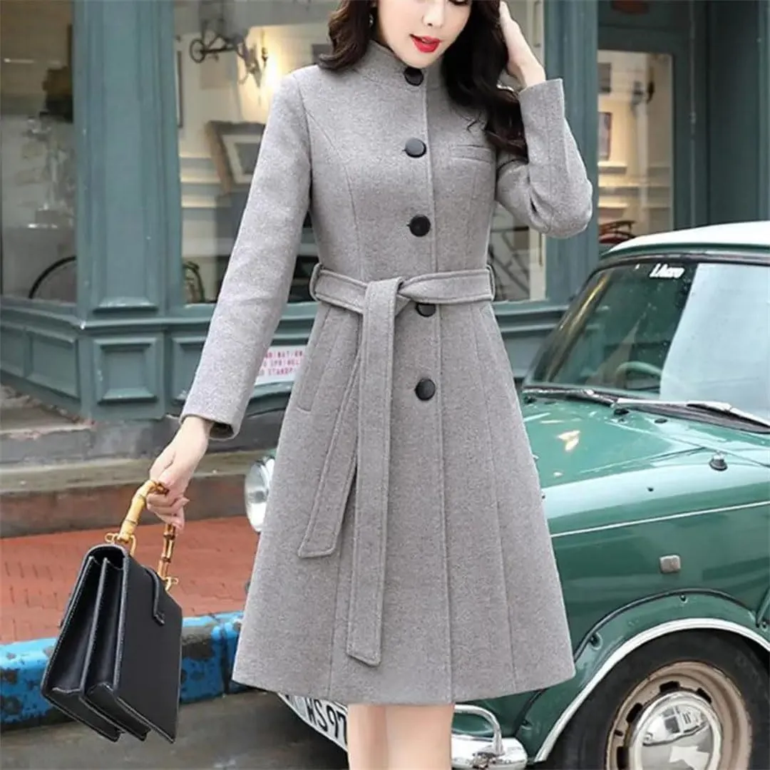 Women's Long Sleeve Outwear Super Soft Slim Woolen Coats Slim Fit Belt Trench Coat