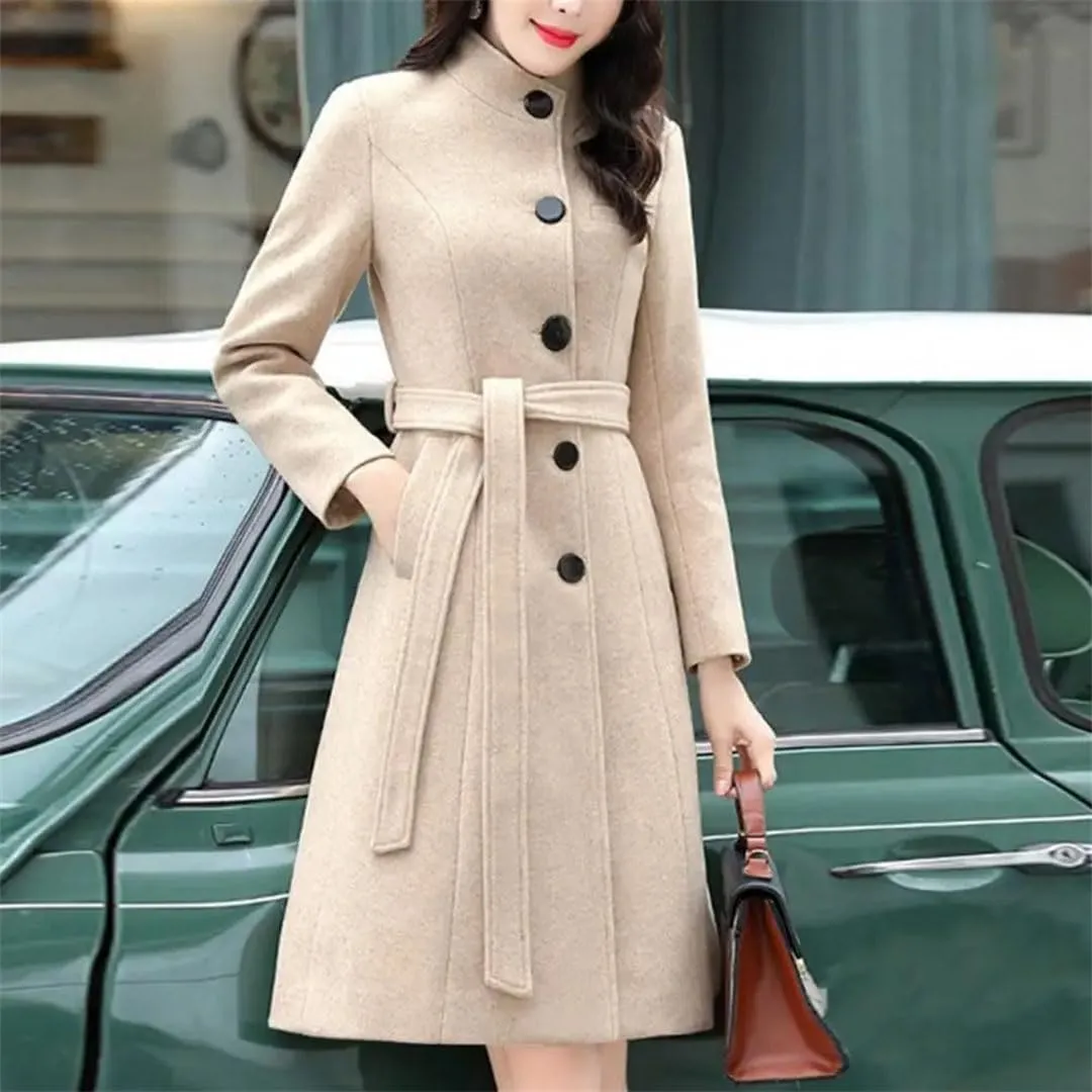 Women's Long Sleeve Outwear Super Soft Slim Woolen Coats Slim Fit Belt Trench Coat
