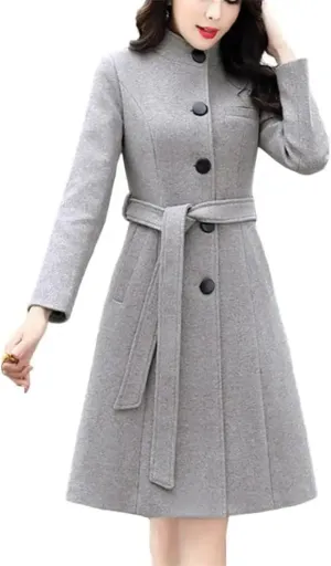 Women's Long Sleeve Outwear Super Soft Slim Woolen Coats Slim Fit Belt Trench Coat