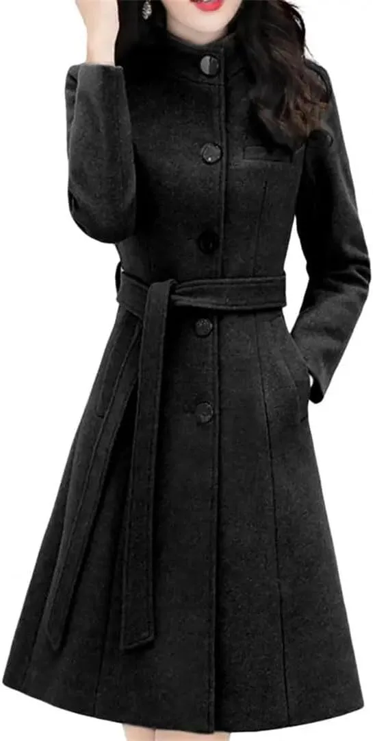 Women's Long Sleeve Outwear Super Soft Slim Woolen Coats Slim Fit Belt Trench Coat
