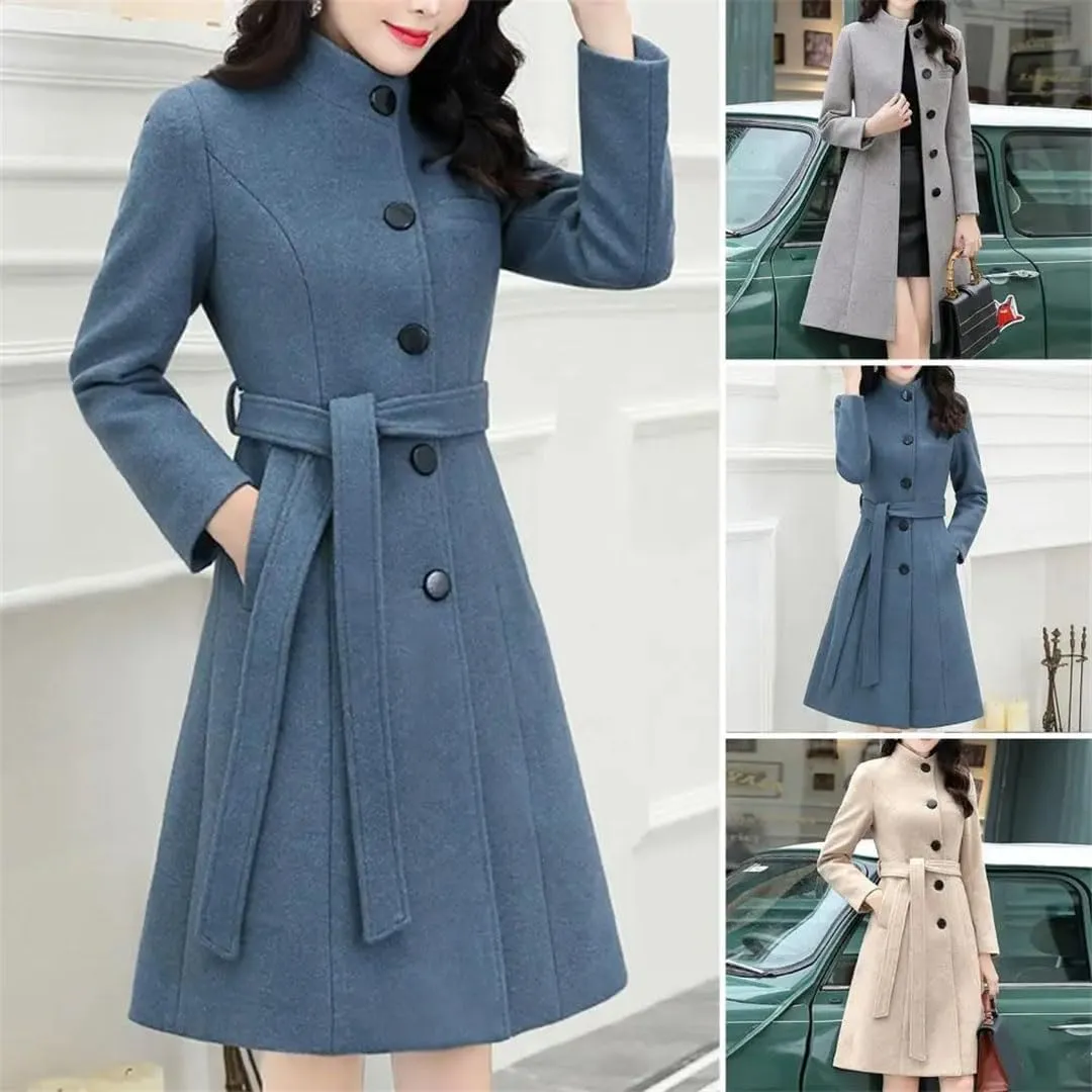 Women's Long Sleeve Outwear Super Soft Slim Woolen Coats Slim Fit Belt Trench Coat