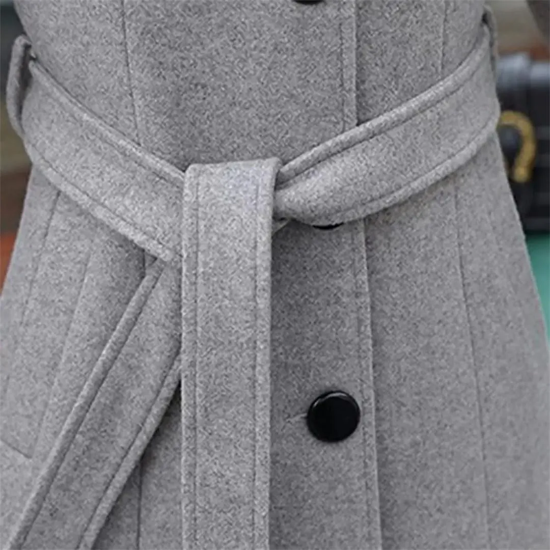 Women's Long Sleeve Outwear Super Soft Slim Woolen Coats Slim Fit Belt Trench Coat