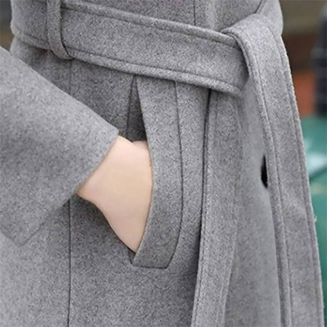 Women's Long Sleeve Outwear Super Soft Slim Woolen Coats Slim Fit Belt Trench Coat