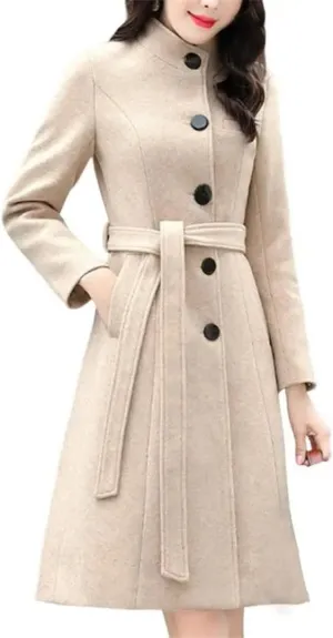 Women's Long Sleeve Outwear Super Soft Slim Woolen Coats Slim Fit Belt Trench Coat