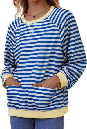Womens Long Sleeve Oversized Sweatshirt Striped Crewneck Casual Loose Pullover Tops with Pockets