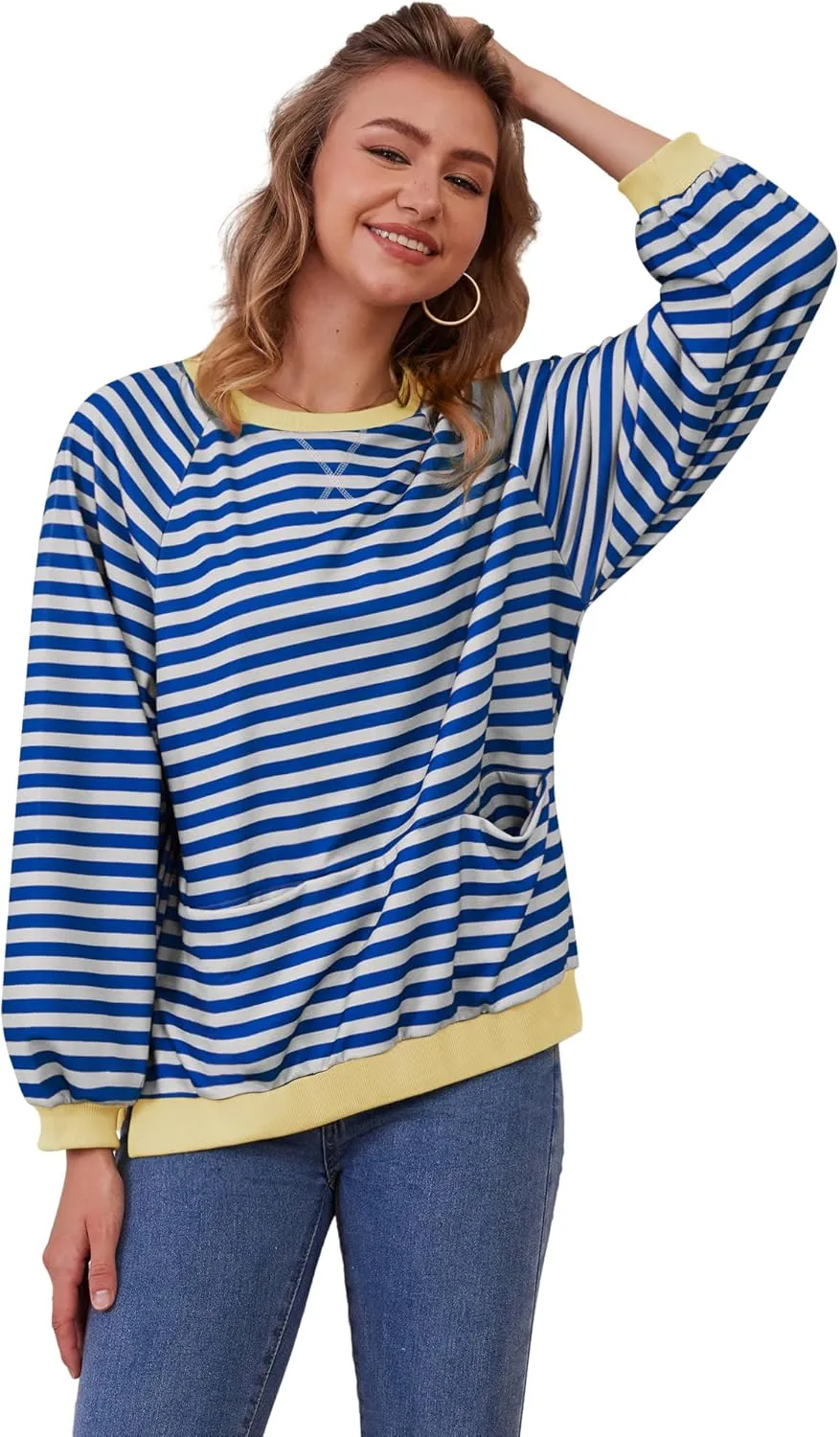 Womens Long Sleeve Oversized Sweatshirt Striped Crewneck Casual Loose Pullover Tops with Pockets