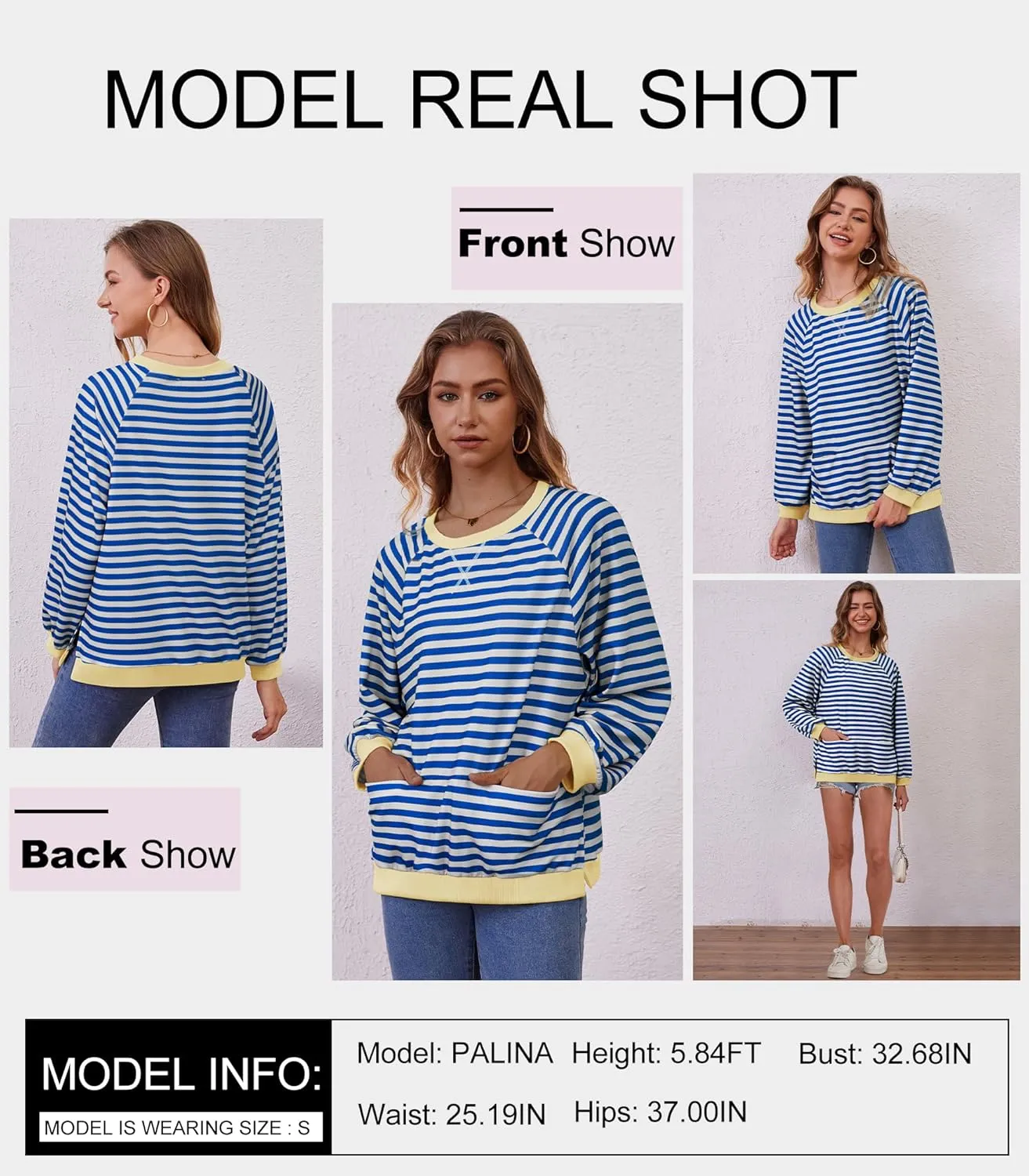 Womens Long Sleeve Oversized Sweatshirt Striped Crewneck Casual Loose Pullover Tops with Pockets