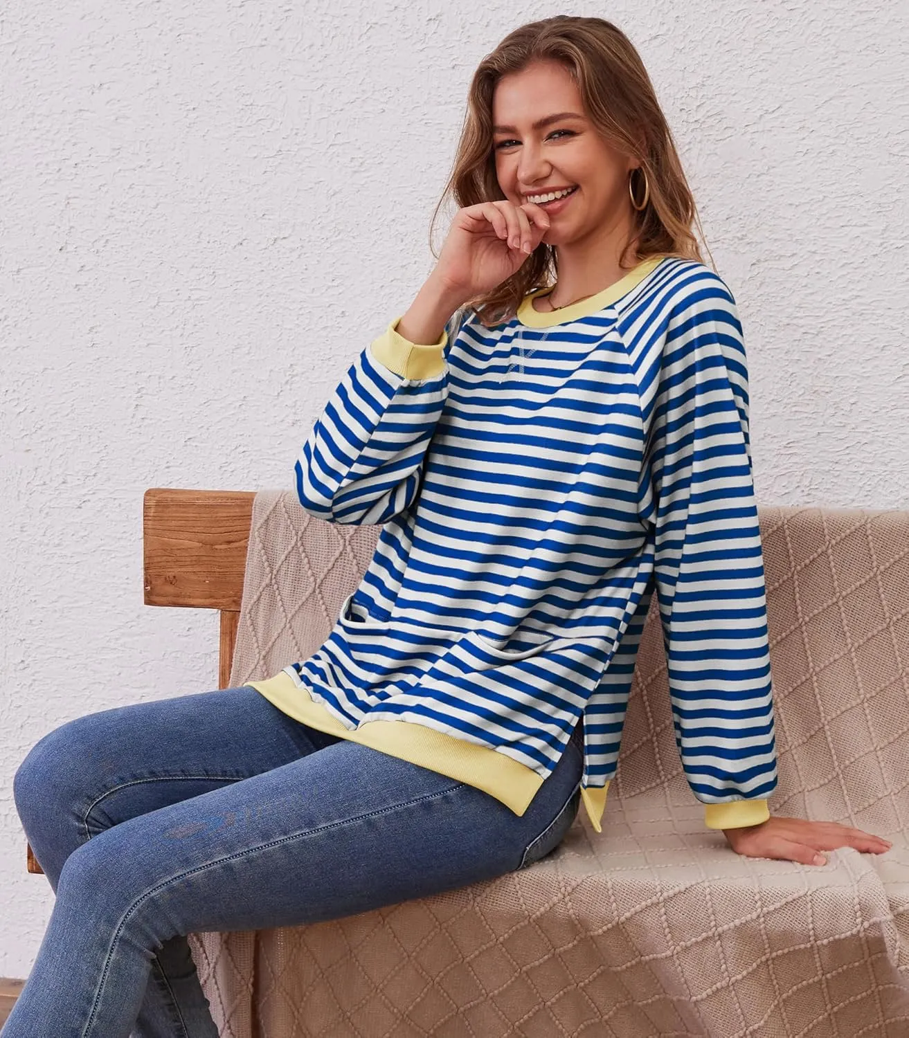 Womens Long Sleeve Oversized Sweatshirt Striped Crewneck Casual Loose Pullover Tops with Pockets
