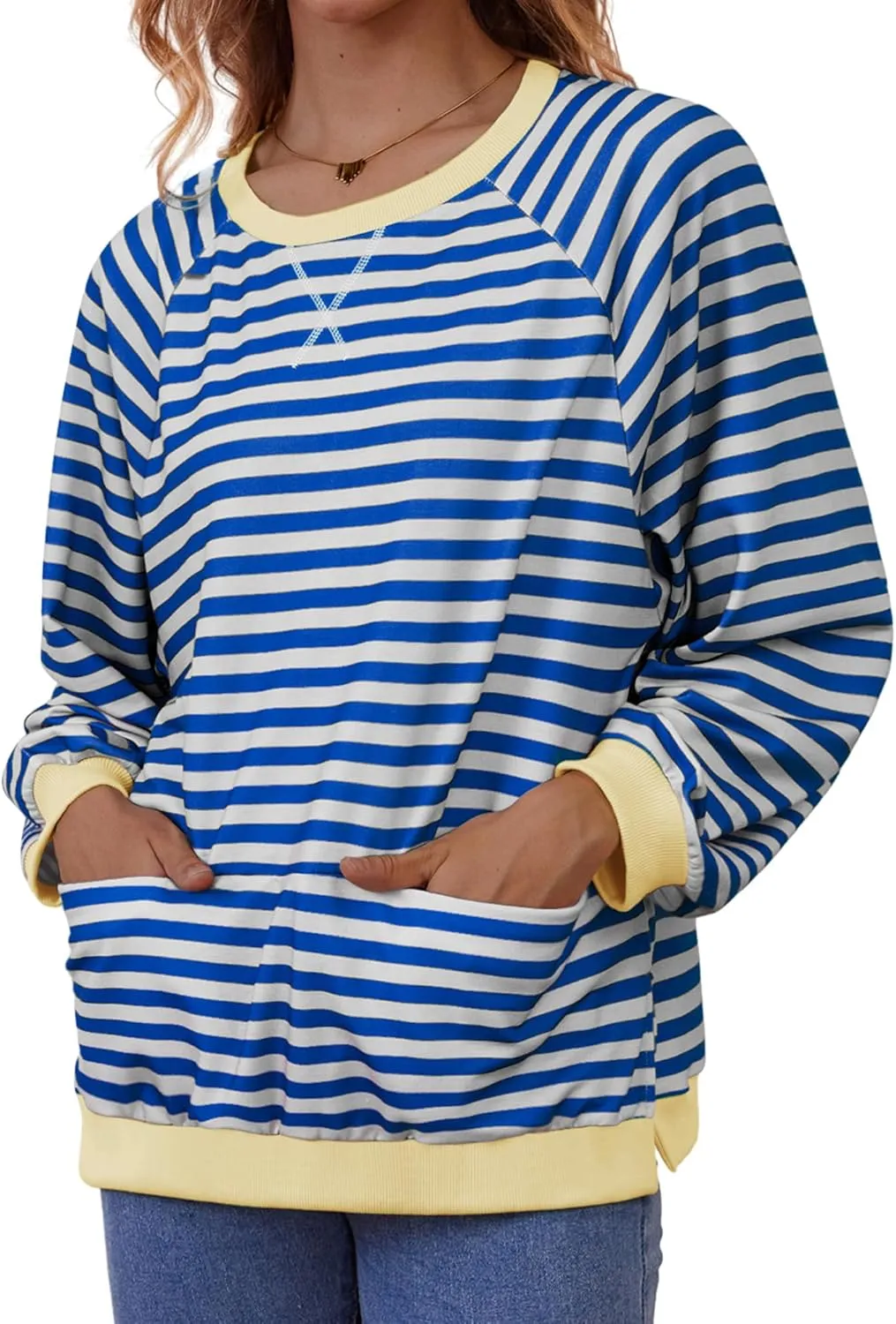 Womens Long Sleeve Oversized Sweatshirt Striped Crewneck Casual Loose Pullover Tops with Pockets