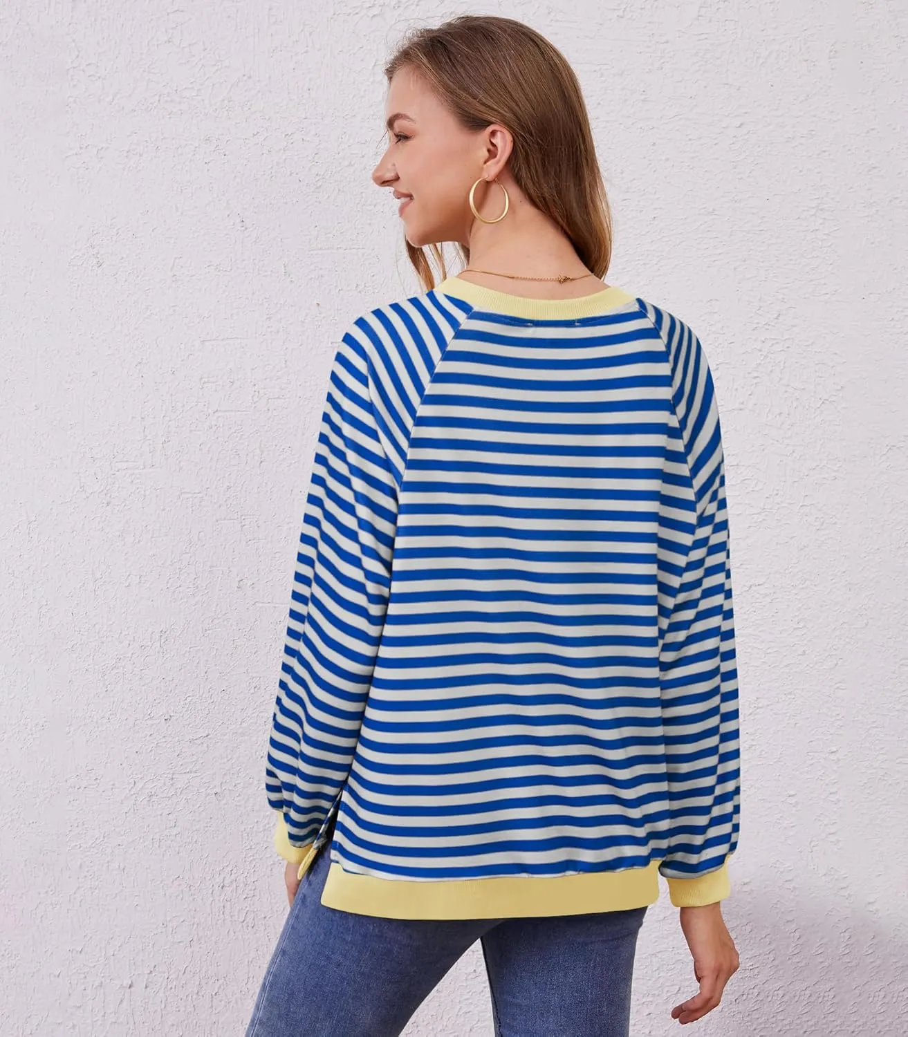 Womens Long Sleeve Oversized Sweatshirt Striped Crewneck Casual Loose Pullover Tops with Pockets