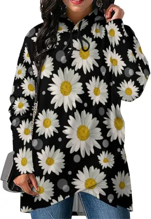 Womens Long Sleeves Cloak Style Black Floral Hoodie Decked Elegant Loose-fit