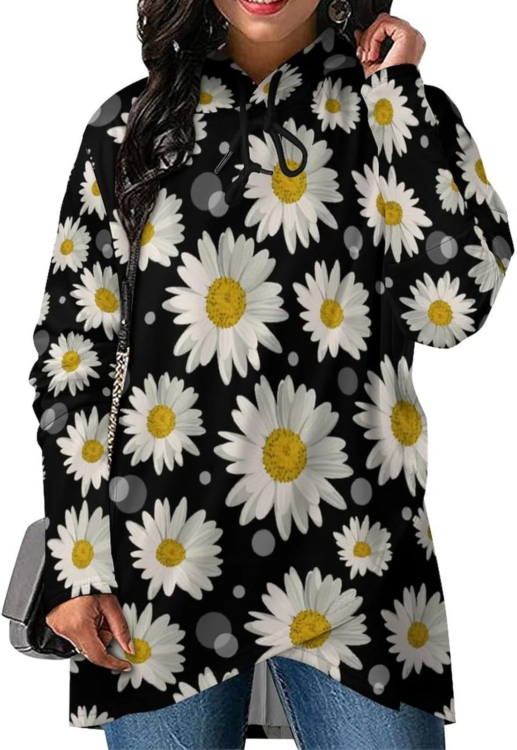 Womens Long Sleeves Cloak Style Black Floral Hoodie Decked Elegant Loose-fit