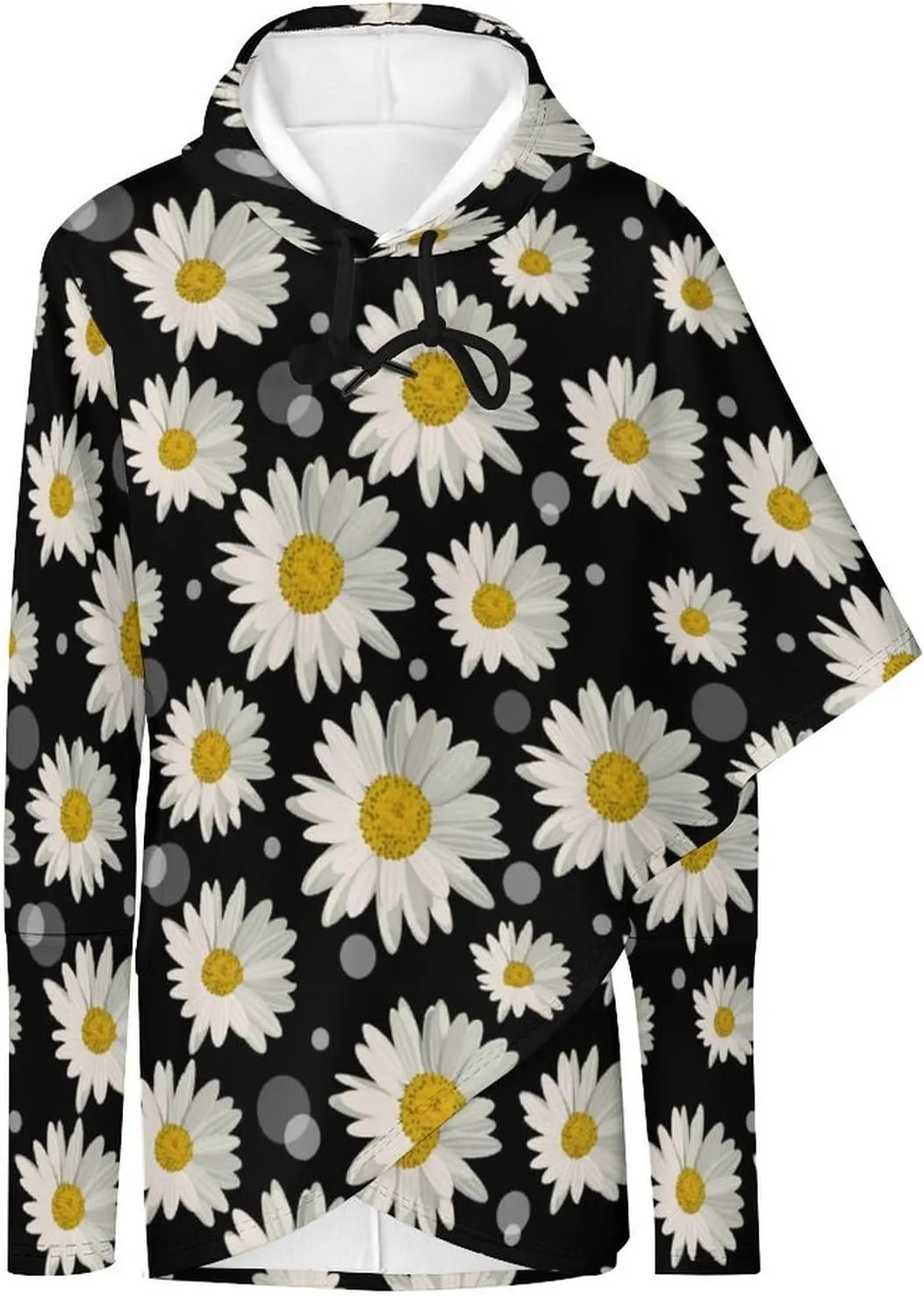 Womens Long Sleeves Cloak Style Black Floral Hoodie Decked Elegant Loose-fit