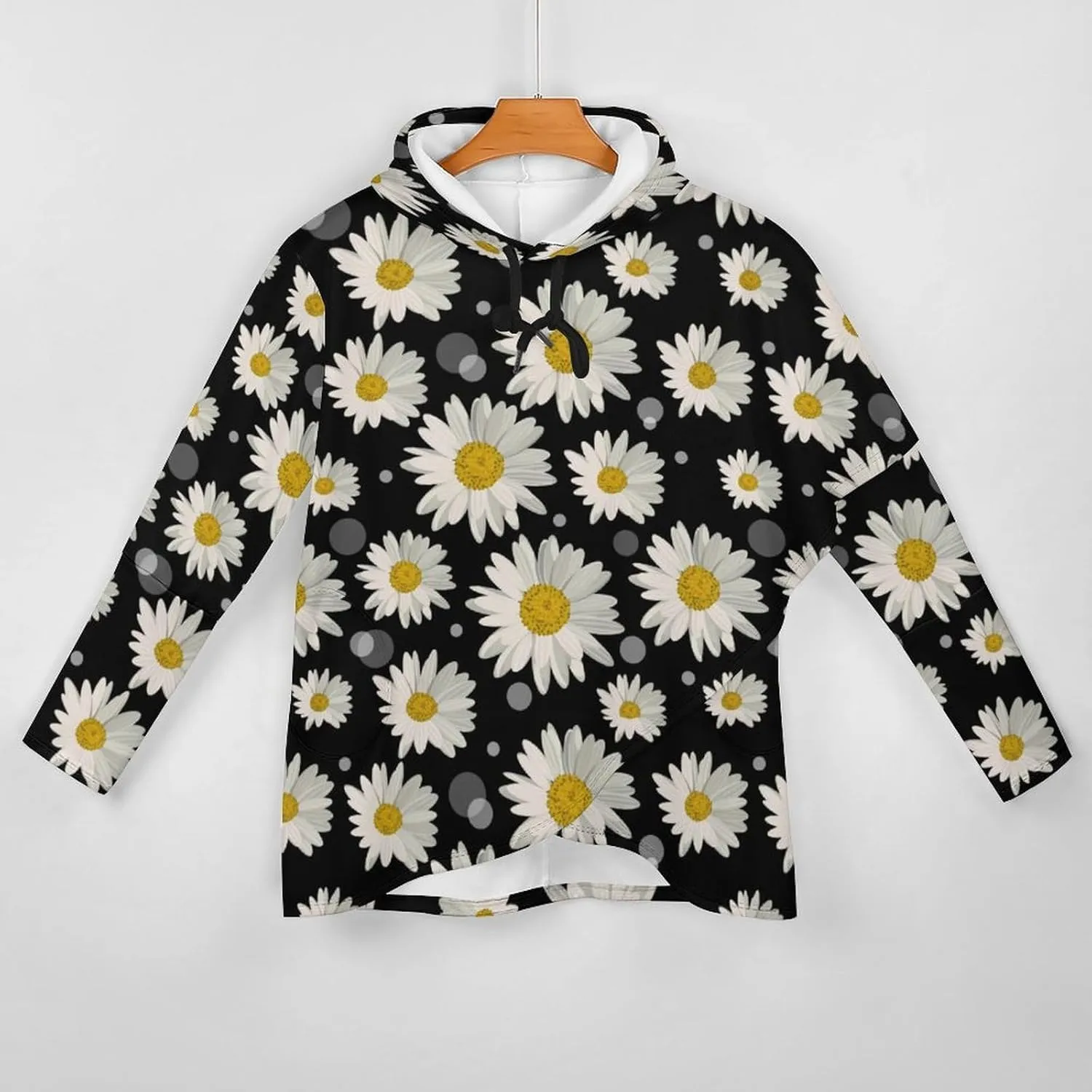 Womens Long Sleeves Cloak Style Black Floral Hoodie Decked Elegant Loose-fit