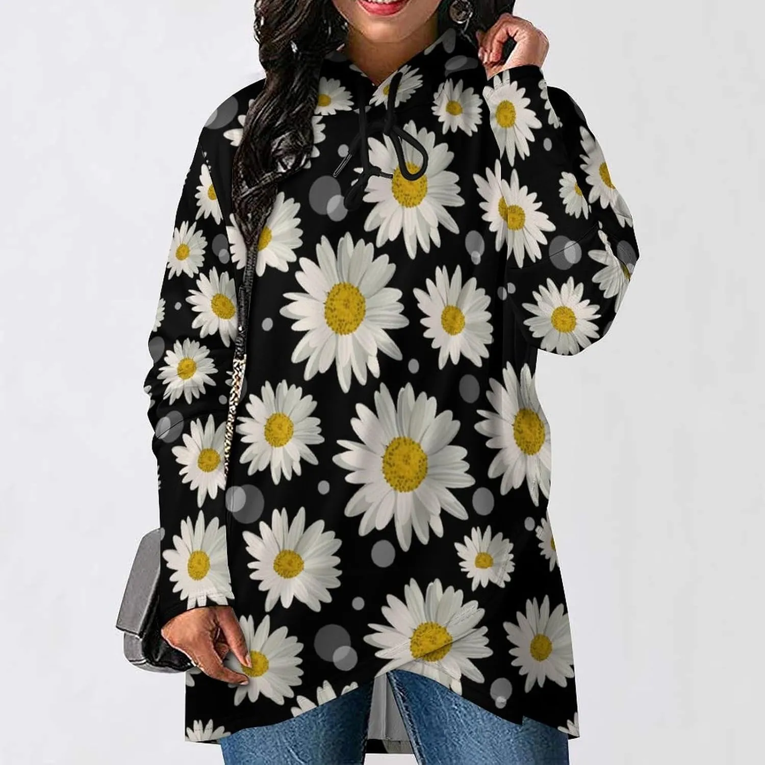 Womens Long Sleeves Cloak Style Black Floral Hoodie Decked Elegant Loose-fit