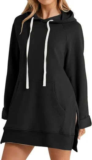 Women's Oversized Casual Pullover Long Sleeve Split Hem Drawstring Hoodies Dress, Long Hoodies for Women with Pocket