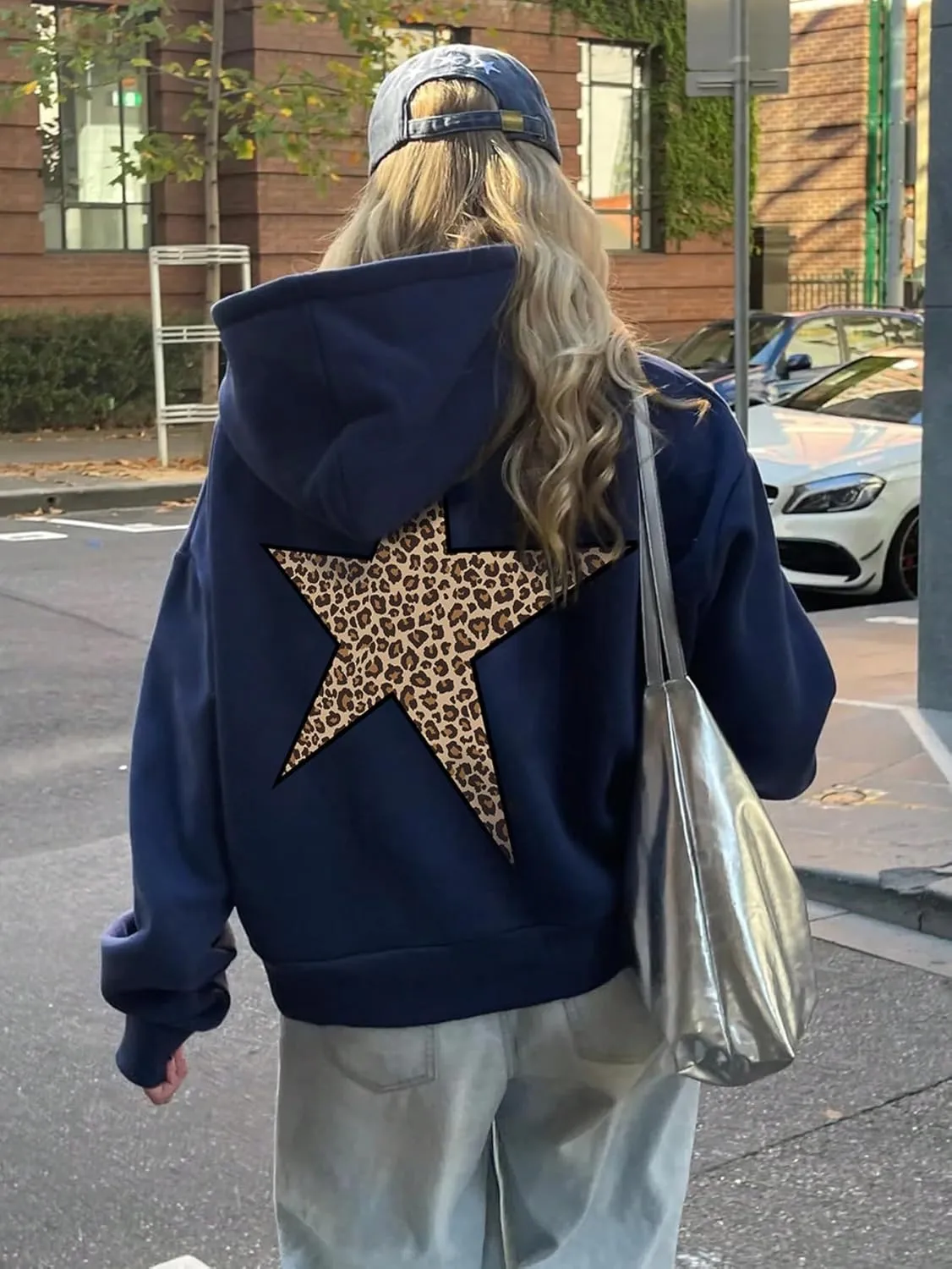 Womens Oversized Leopard Star Graphic Hoodies Long Sleeve Hoodie Pullover Hooded Sweatshirt Aesthetic Hoodie