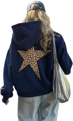 Womens Oversized Leopard Star Graphic Hoodies Long Sleeve Hoodie Pullover Hooded Sweatshirt Aesthetic Hoodie