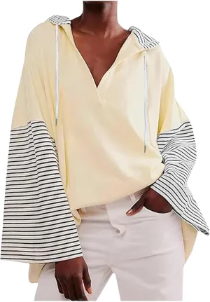 Womens Oversized Sweatshirt Striped Color Block Hoodies Drawstring Casual V Neck Long Sleeve Pullover Tops