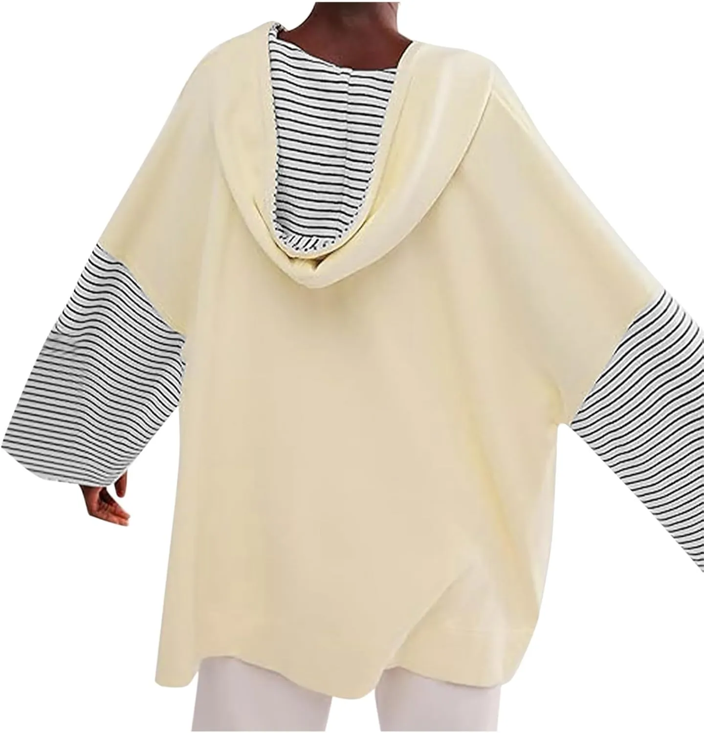 Womens Oversized Sweatshirt Striped Color Block Hoodies Drawstring Casual V Neck Long Sleeve Pullover Tops