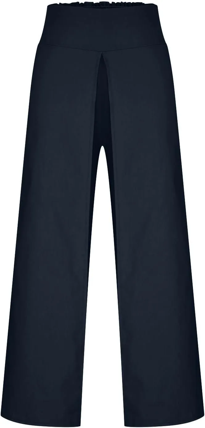 Womens Palazzo Pants 2025 Summer Fashion Comfy High Waist Double Layer Slacks Baggy Flowy Split Hem Wide Leg Pants