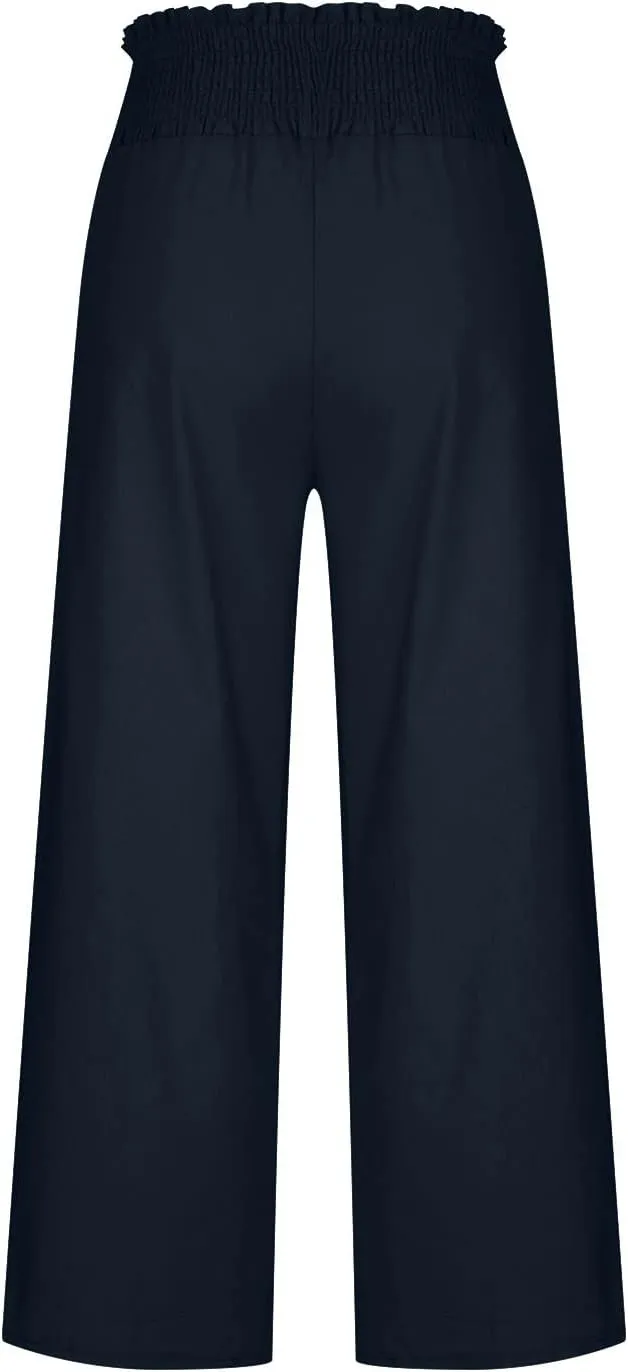 Womens Palazzo Pants 2025 Summer Fashion Comfy High Waist Double Layer Slacks Baggy Flowy Split Hem Wide Leg Pants