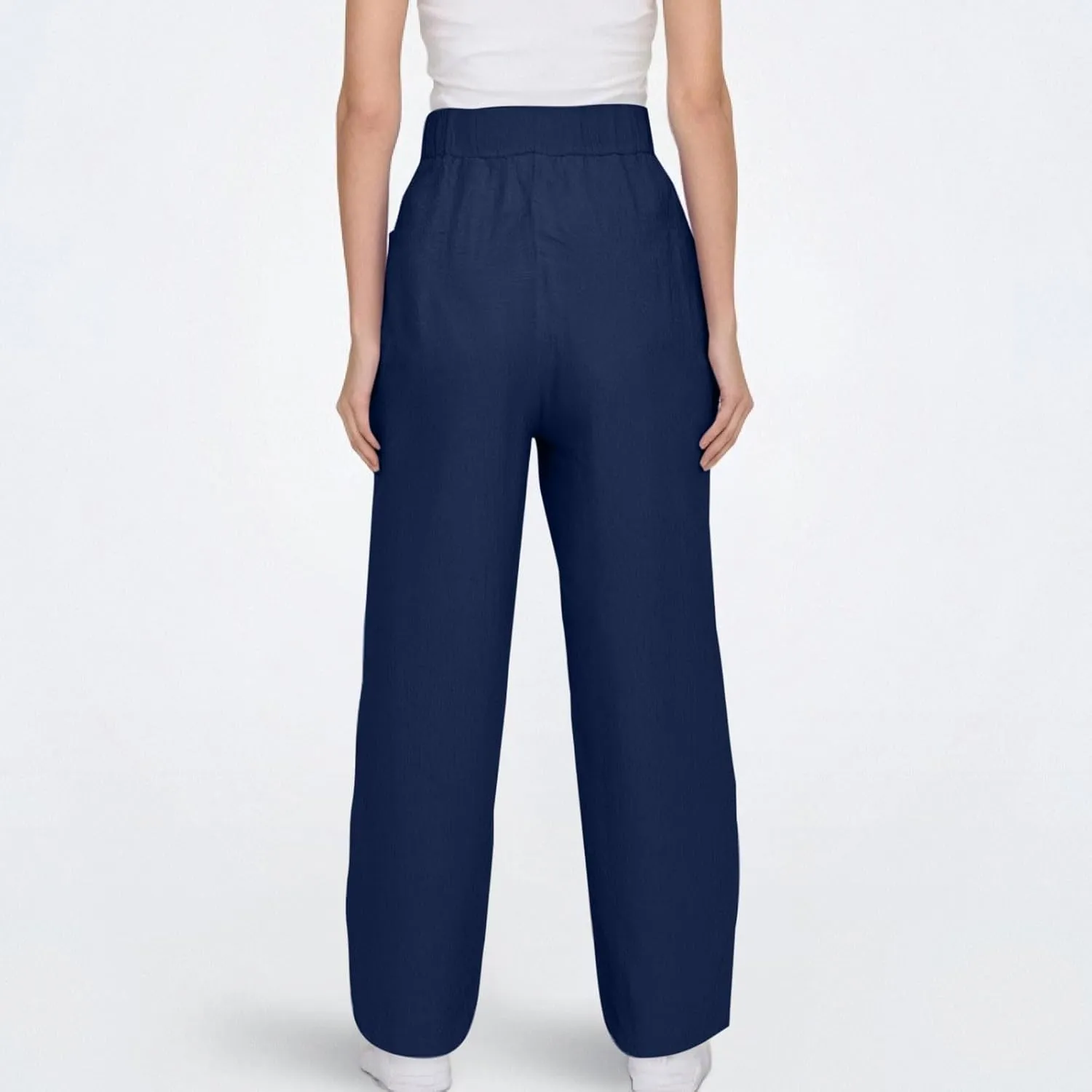 Women's Petite Cotton Linen Pants Straight Leg Elastic Drawstring Casual Trousers with Pockets Summer Lounge Pants