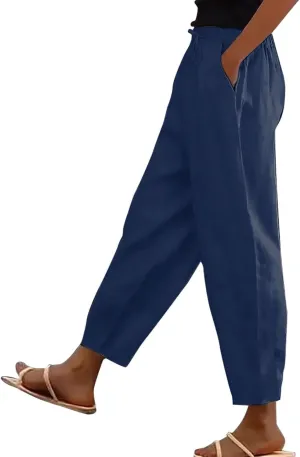 Women's Petite Cotton Linen Pants Straight Leg Elastic Drawstring Casual Trousers with Pockets Summer Lounge Pants