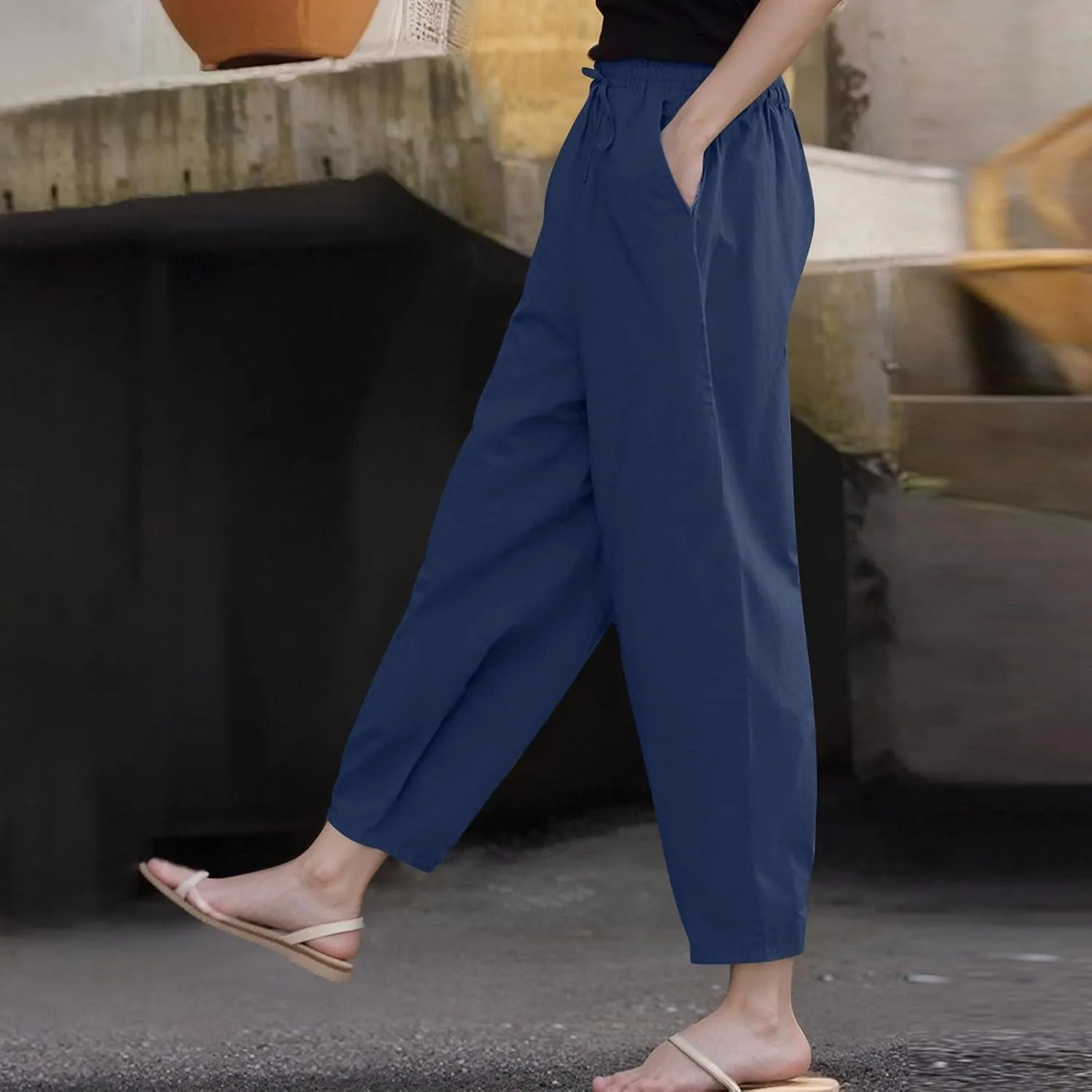 Women's Petite Cotton Linen Pants Straight Leg Elastic Drawstring Casual Trousers with Pockets Summer Lounge Pants