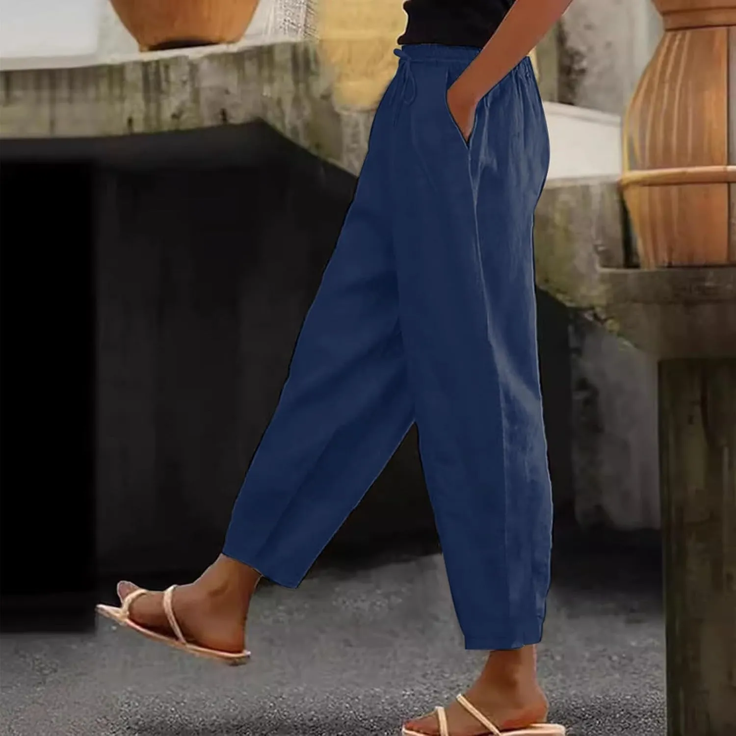 Women's Petite Cotton Linen Pants Straight Leg Elastic Drawstring Casual Trousers with Pockets Summer Lounge Pants