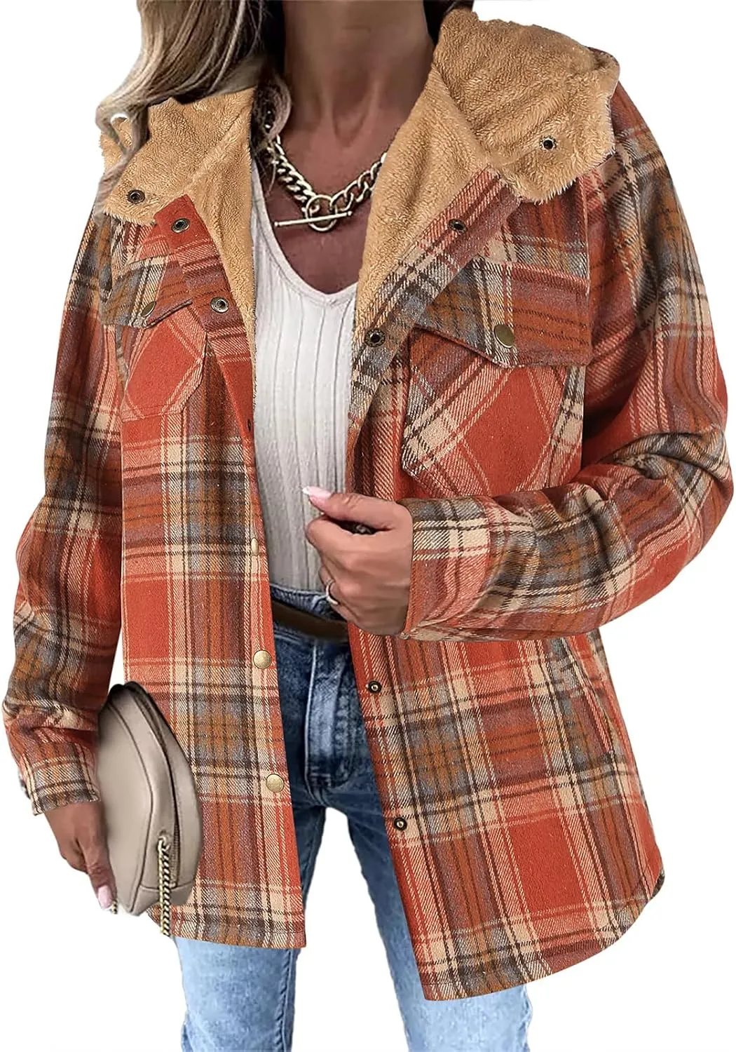 Womens Plaid Shacket Jacket Long Sleeve Button Down Fleece Hooded Jacket Warm Coat Casual Sherpa Fleece Lined Jacket