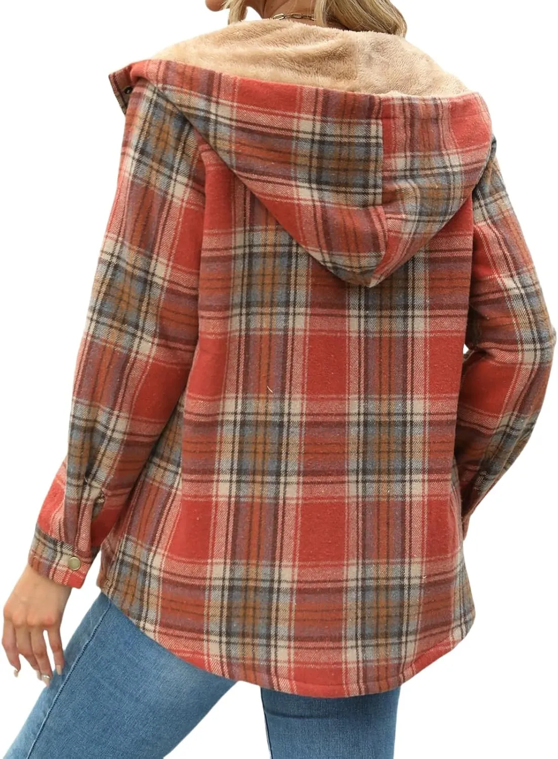 Womens Plaid Shacket Jacket Long Sleeve Button Down Fleece Hooded Jacket Warm Coat Casual Sherpa Fleece Lined Jacket