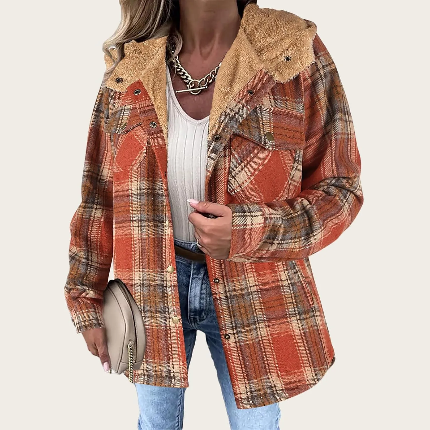 Womens Plaid Shacket Jacket Long Sleeve Button Down Fleece Hooded Jacket Warm Coat Casual Sherpa Fleece Lined Jacket