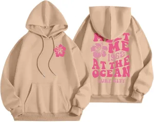 Women's Plain Basics Hoodies Oversized Brushed Letters Loose Fit Hooded Sweatshirts Long Sleeves Pockets