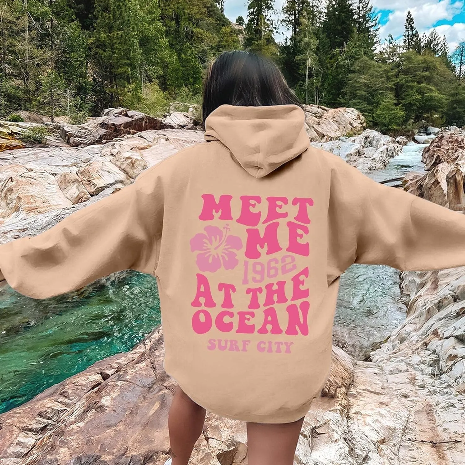 Women's Plain Basics Hoodies Oversized Brushed Letters Loose Fit Hooded Sweatshirts Long Sleeves Pockets