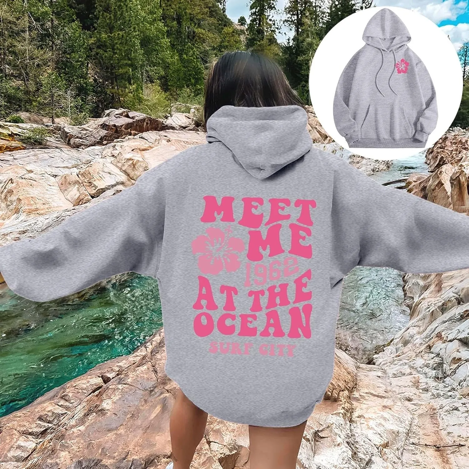 Women's Plain Basics Hoodies Oversized Brushed Letters Loose Fit Hooded Sweatshirts Long Sleeves Pockets