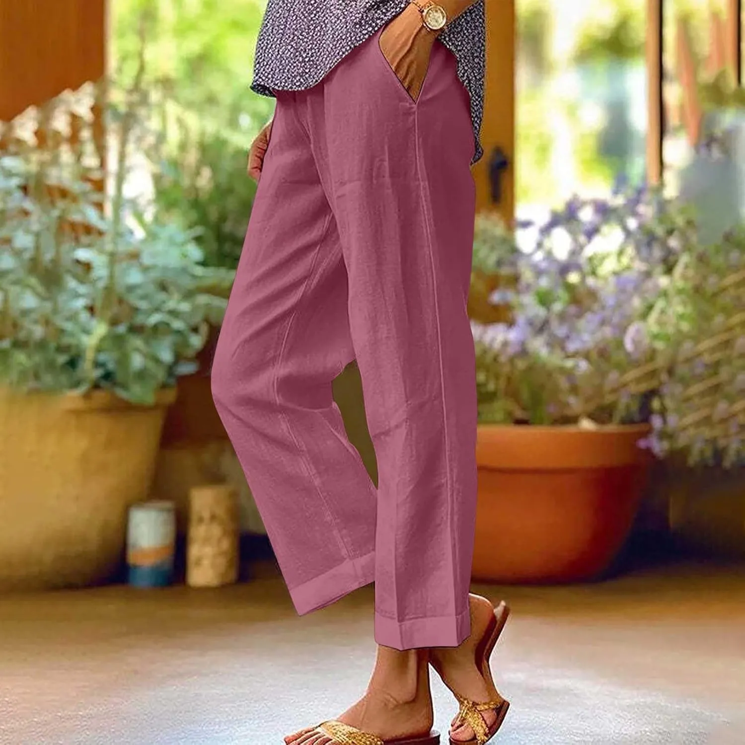 Womens Plus Size Cotton Linen Pants Elastic High Waist Summer Pants Casual Loose Fit Vacation Trousers with Pockets