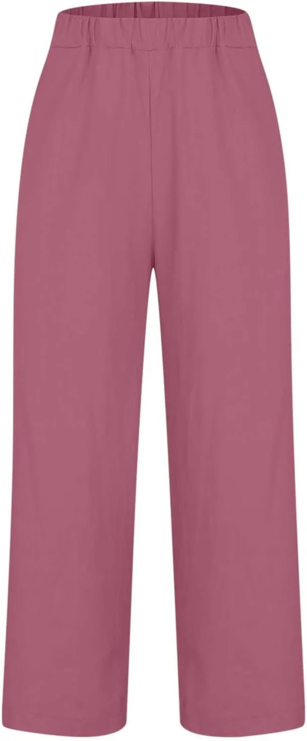 Womens Plus Size Cotton Linen Pants Elastic High Waist Summer Pants Casual Loose Fit Vacation Trousers with Pockets
