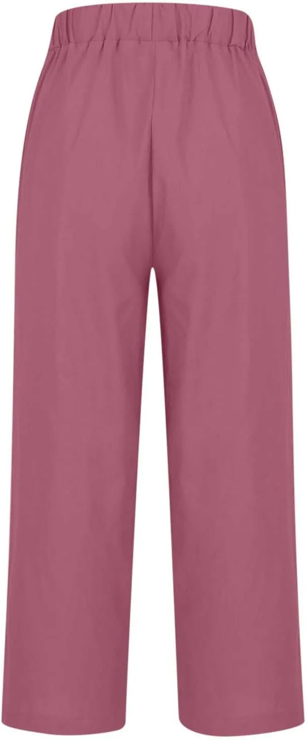 Womens Plus Size Cotton Linen Pants Elastic High Waist Summer Pants Casual Loose Fit Vacation Trousers with Pockets