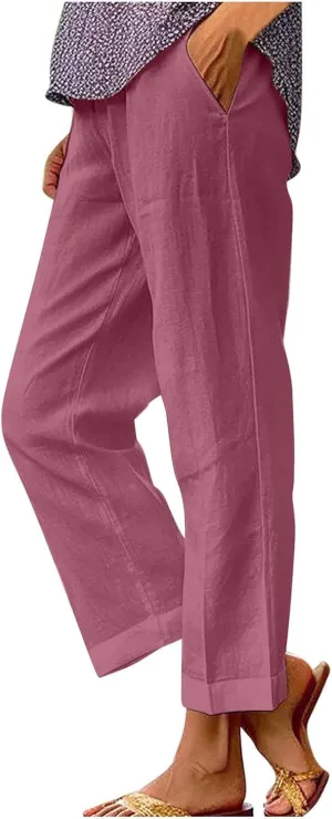 Womens Plus Size Cotton Linen Pants Elastic High Waist Summer Pants Casual Loose Fit Vacation Trousers with Pockets