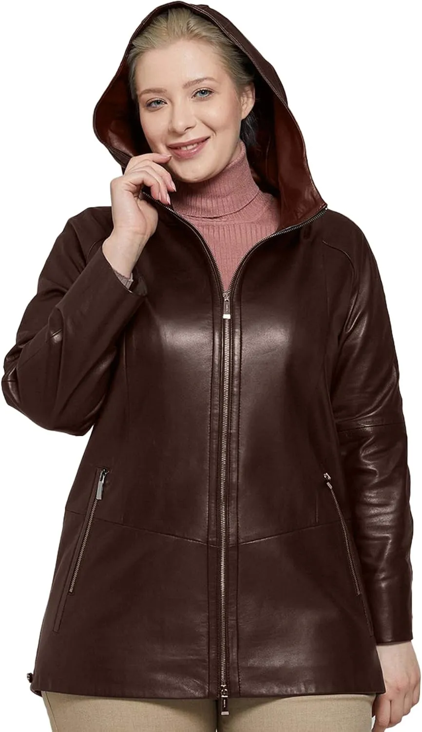Womens Plus Size Soft Leather Jacket With Hoodie  Many Colors Real Sheepskin Hooded Leather Jacket