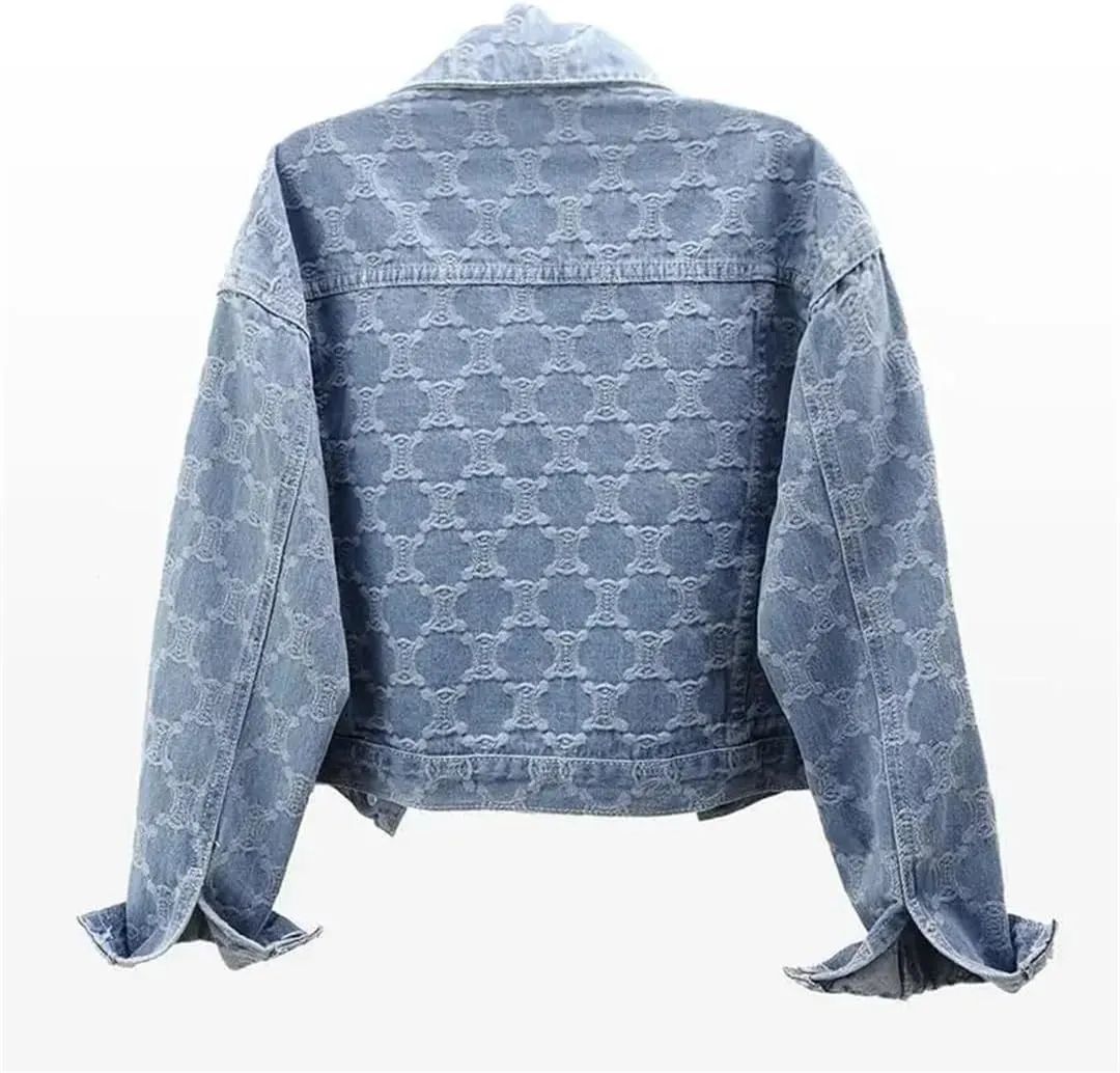 Women's Printed Denim Jacket Cropped Embroidered Button Tweed Jean Coat