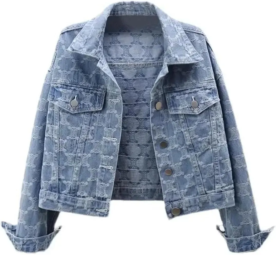 Women's Printed Denim Jacket Cropped Embroidered Button Tweed Jean Coat