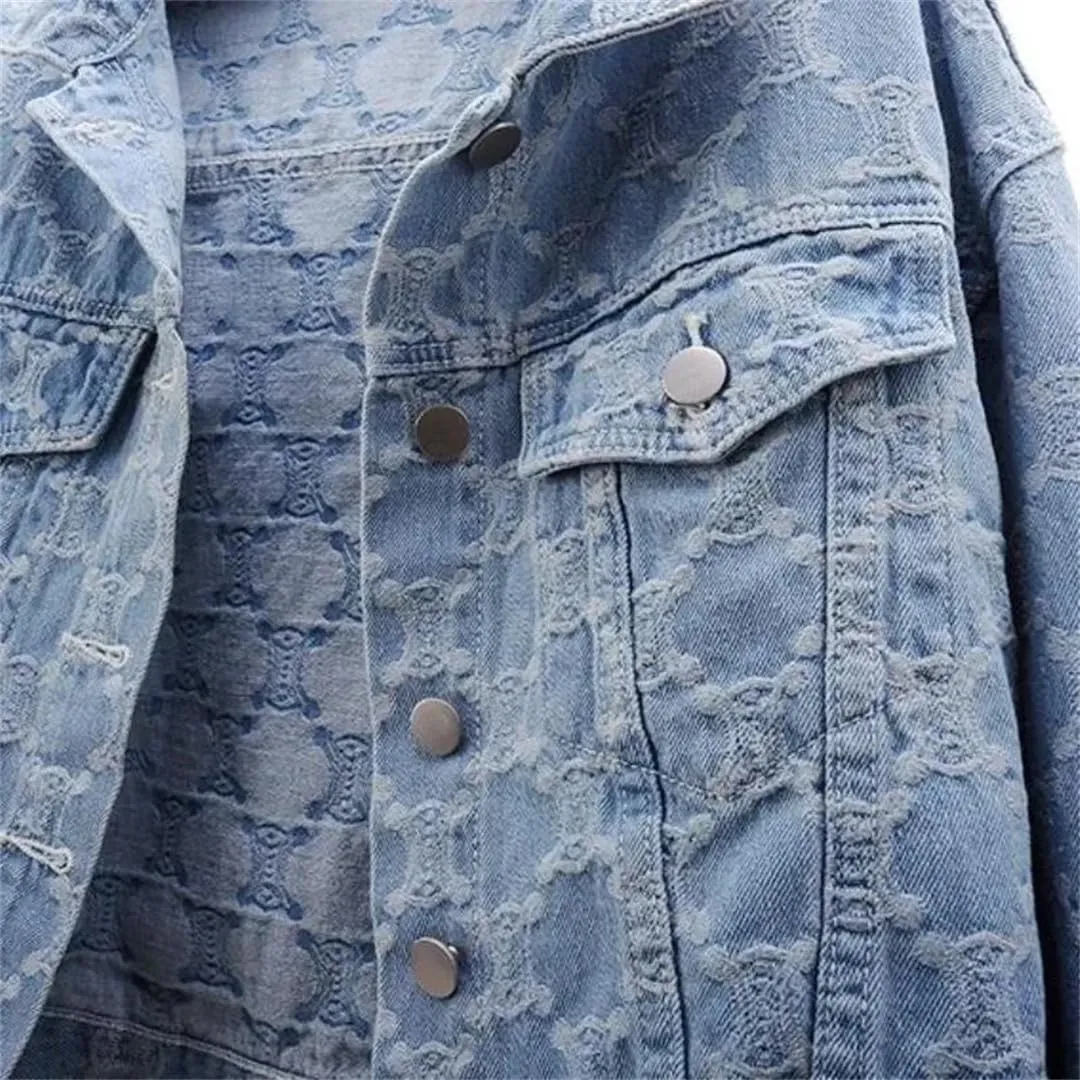 Women's Printed Denim Jacket Cropped Embroidered Button Tweed Jean Coat