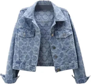 Women's Printed Denim Jacket Cropped Embroidered Button Tweed Jean Coat